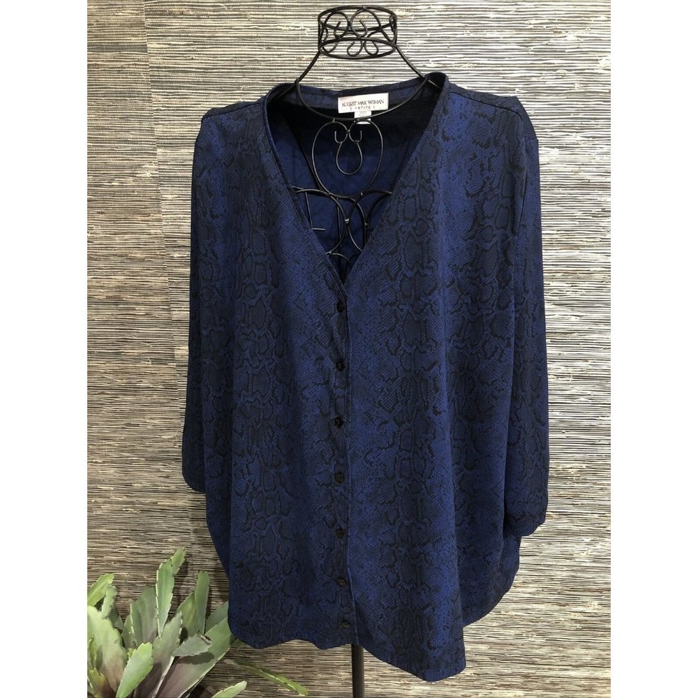 3X Plus Blue Top Blouse Animal Print 3/4 Sleeve